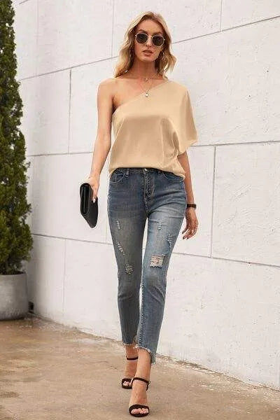 Single Shoulder Half Sleeve T-Shirt Women's T-Shirts - Tophatter Daily Deals